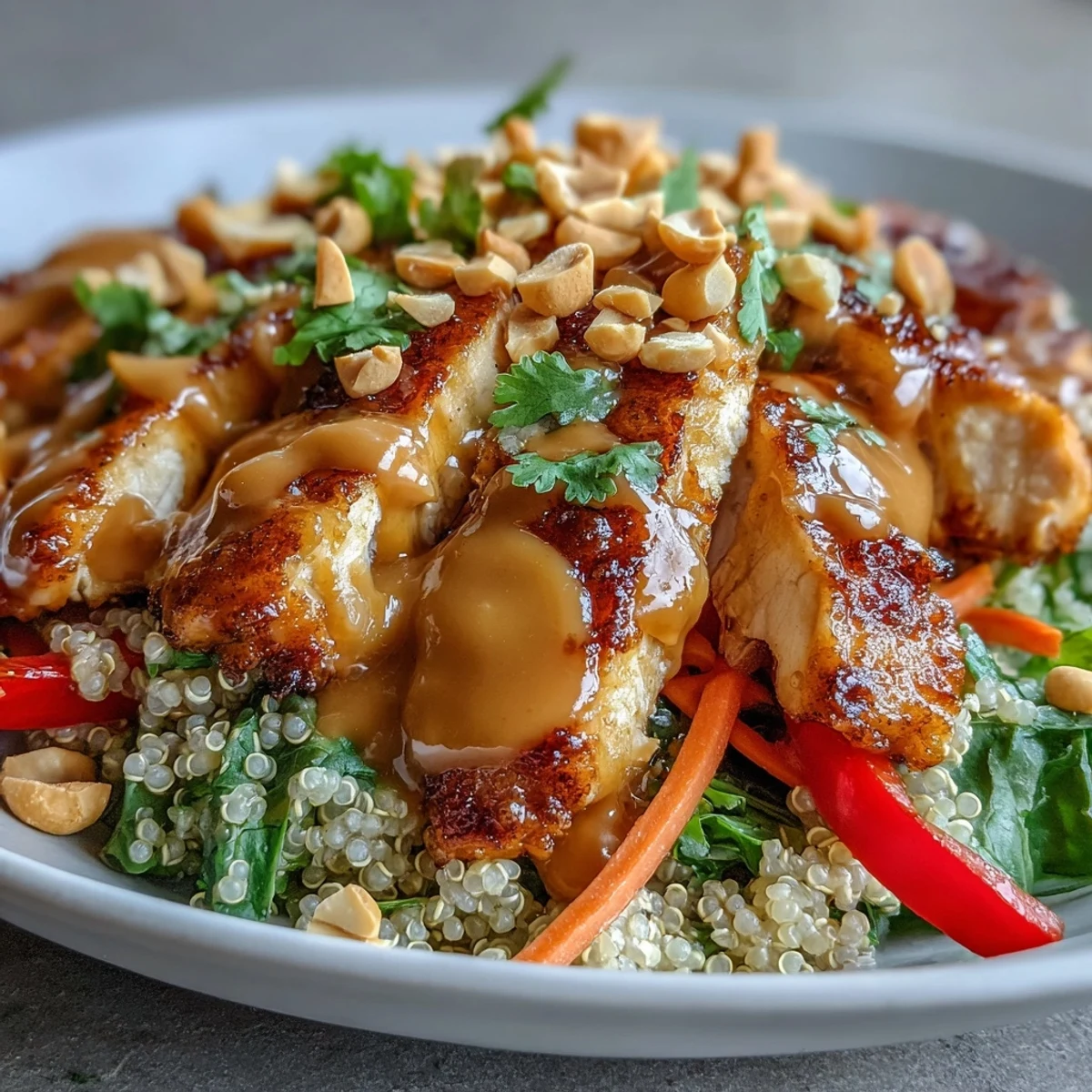 This vibrant bowl features tender baked chicken over hearty grains, crisp vegetables, and creamy peanut sauce.