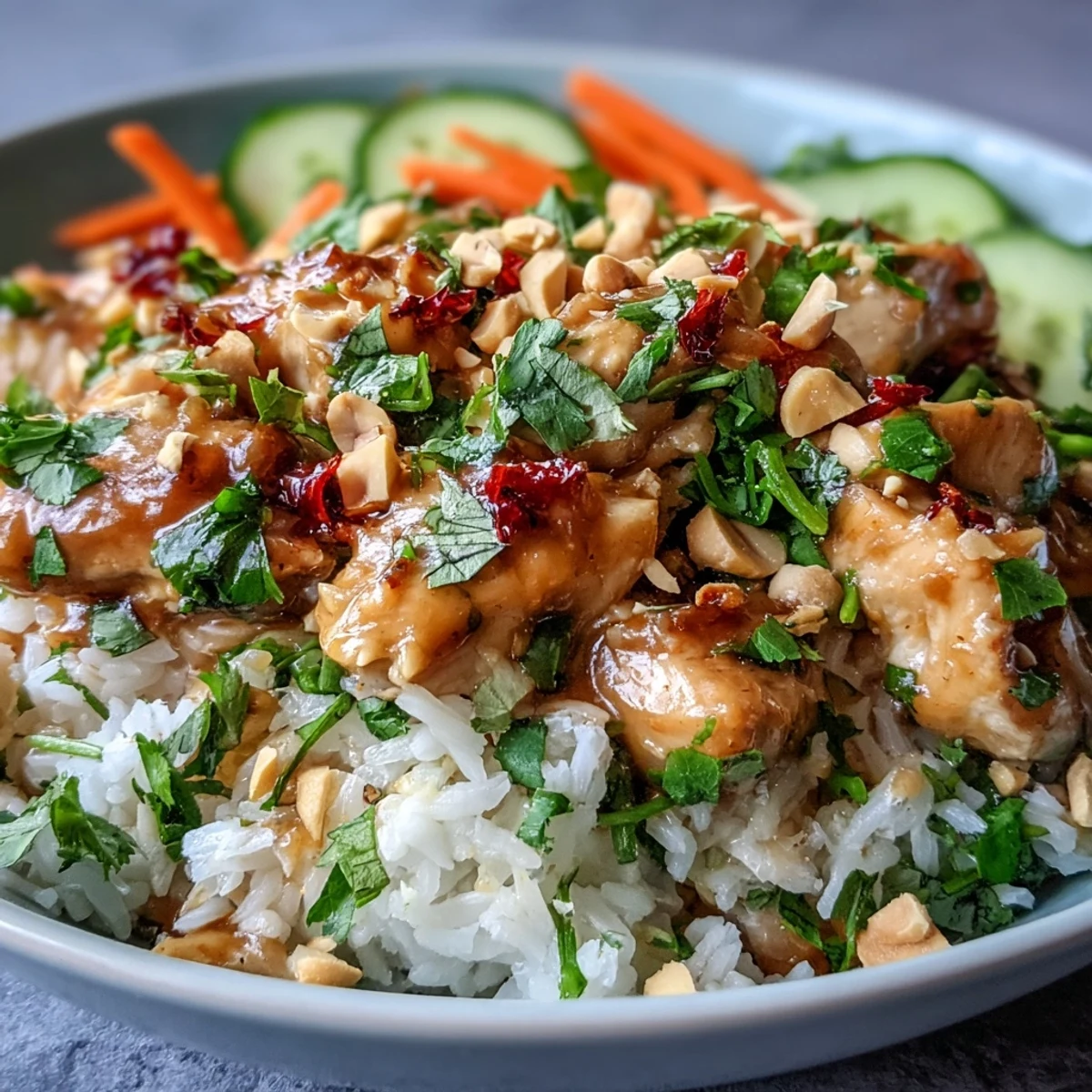 Thai Peanut Chicken Bowl with tender chicken, fluffy coconut rice, crisp veggies, and creamy spicy peanut sauce.