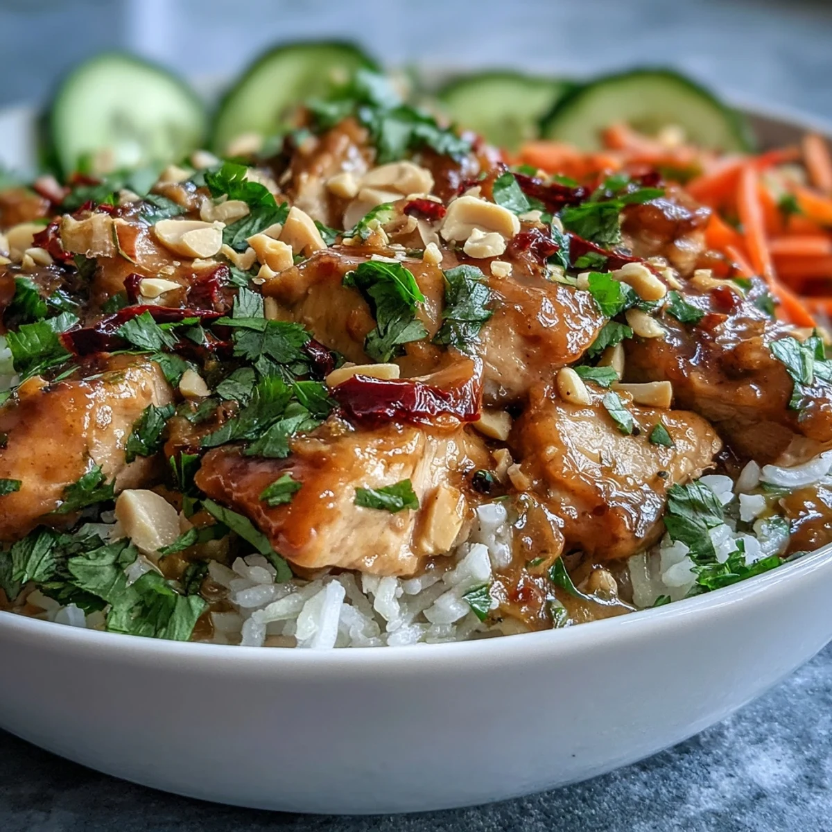 Savory Thai Peanut Chicken Bowl with red bell pepper, carrots, and cucumber topped with sauce.