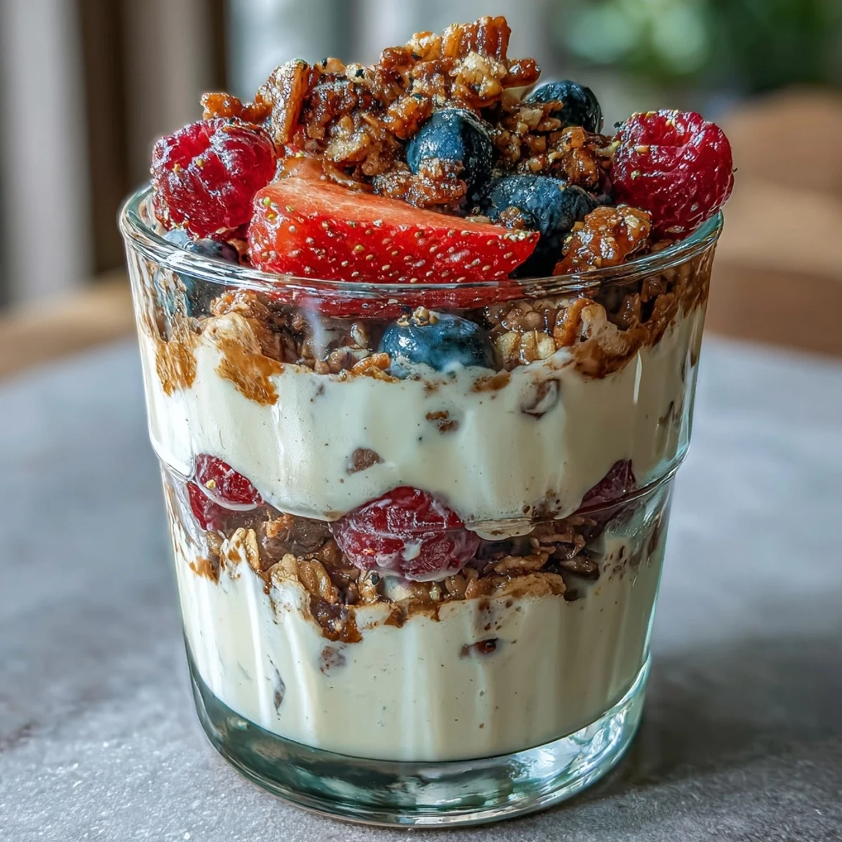 Hojicha Panna Cotta Parfait mit cremigem Pudding, frischen Beeren und knusprigem Granola.