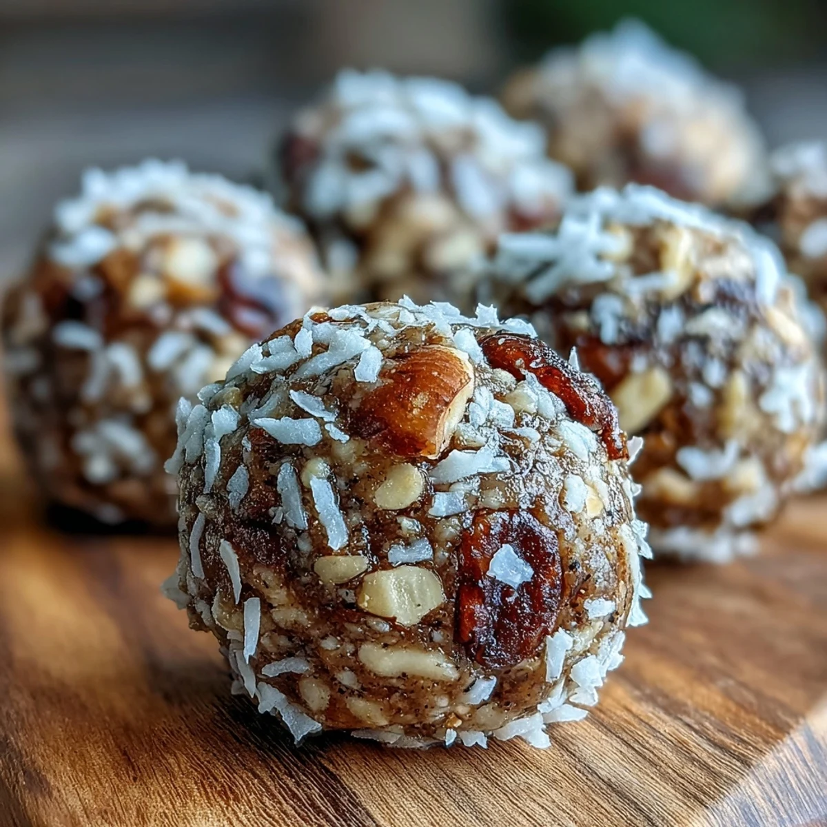 Hojicha Energy Balls mit Kokosraspeln, auf einem Holzbrett für einen hausgemachten Snack.
