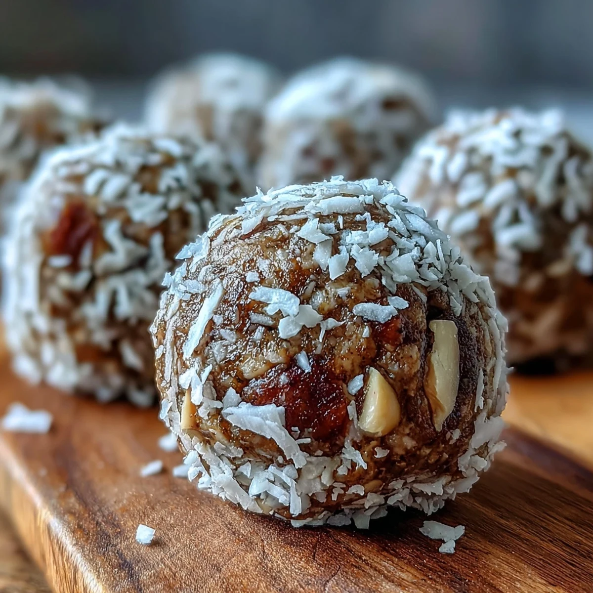 Makroaufnahme von geformten Hojicha Energy Balls mit feinem Teepulver und Schokoladenchips.