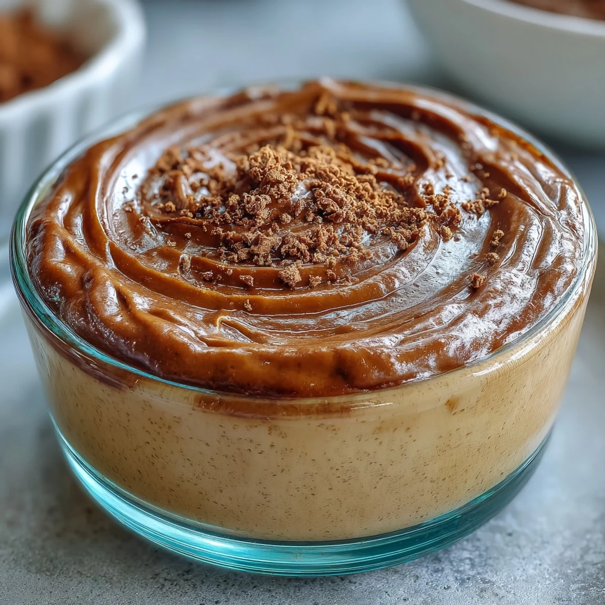 Sechzig Hojicha Pudding in Glas mit cremiger Konsistenz und einer Prise Kakao bestreut.