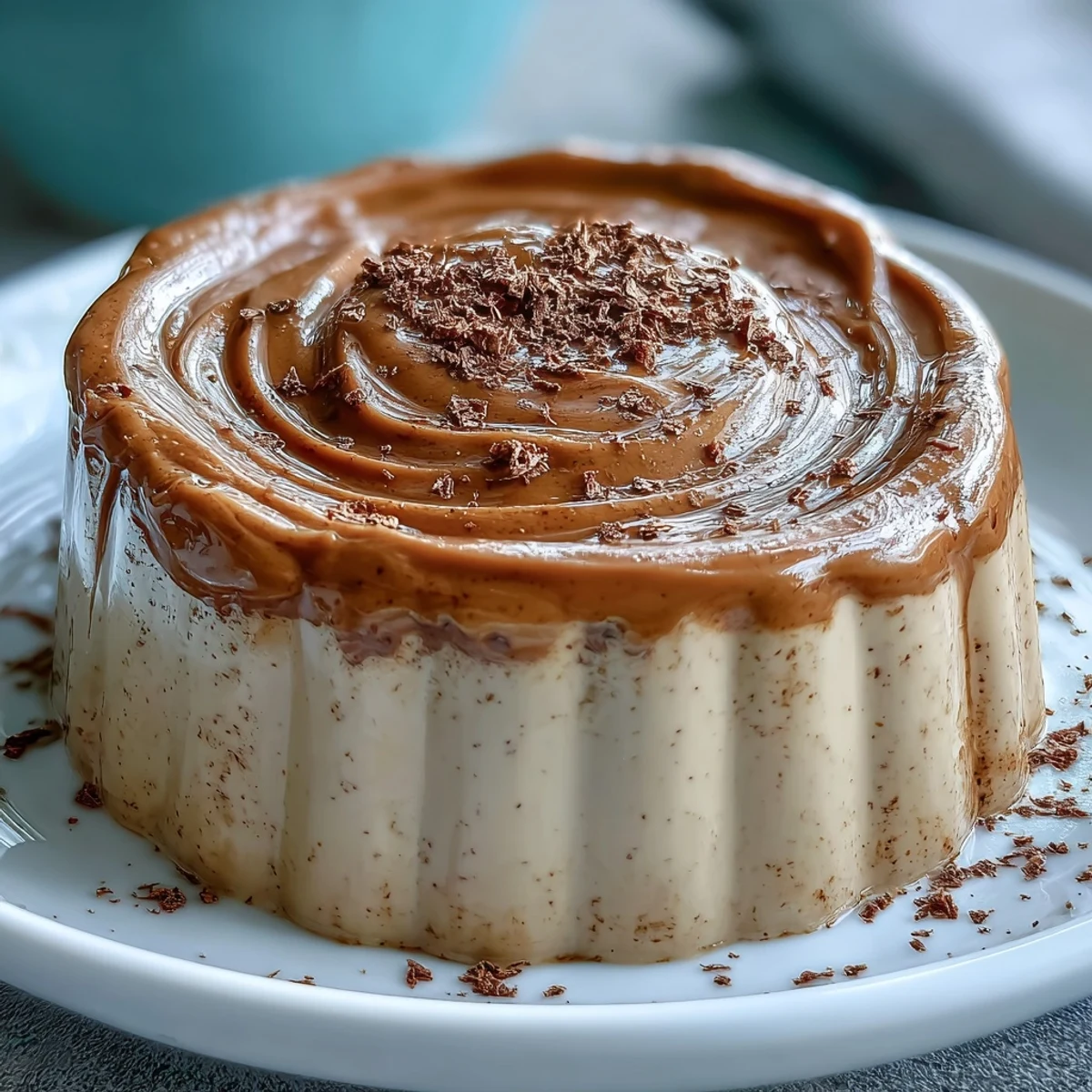 Sechzig Hojicha Pudding auf Teller mit Himbeeren und leichtem Honigtröpfchen zum Dessert.