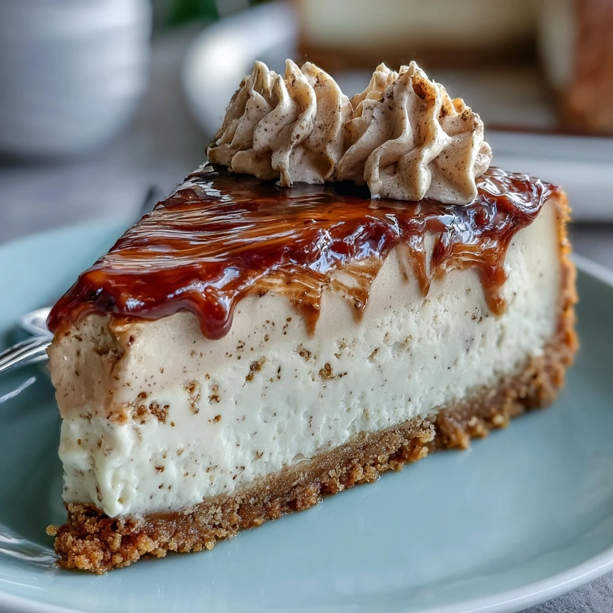Frisch gebackener Hojicha Cheesecake im Frischhaltefilm, der Teewirbel ist sichtbar, servierbereit für Tee-Liebhaber aus dem Kühlschrank.