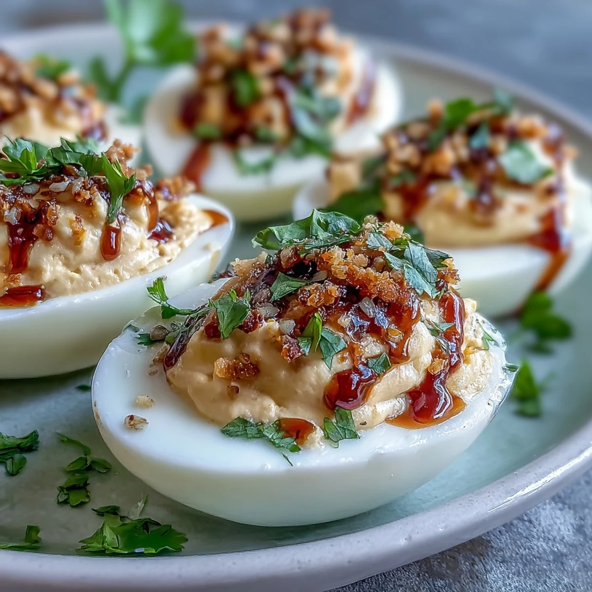 Spicy Chili Garlic Deviled Eggs garnished with chili crisp oil and fresh cilantro, served on a white platter for game day.