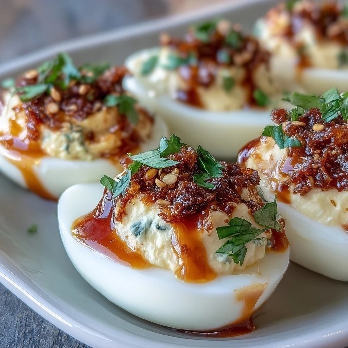 A close-up of Spicy Chili Garlic Deviled Eggs drizzled with soy-chili oil, perfect for an easy American appetizer.