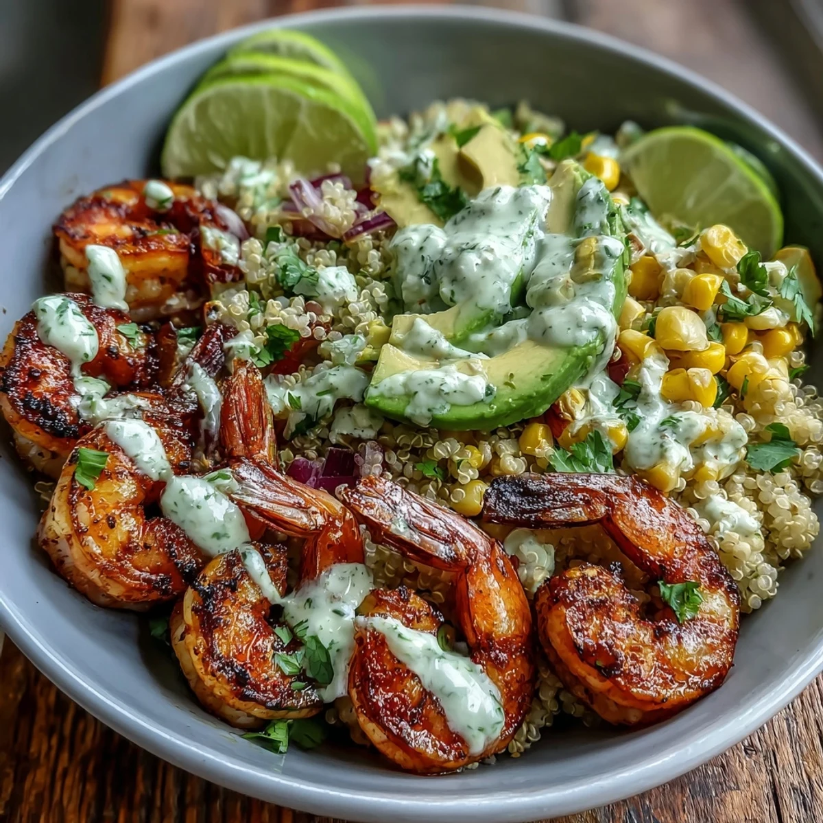Smoky grilled shrimp, fresh corn salsa, and creamy avocado in a colorful bowl topped with garlic sauce.