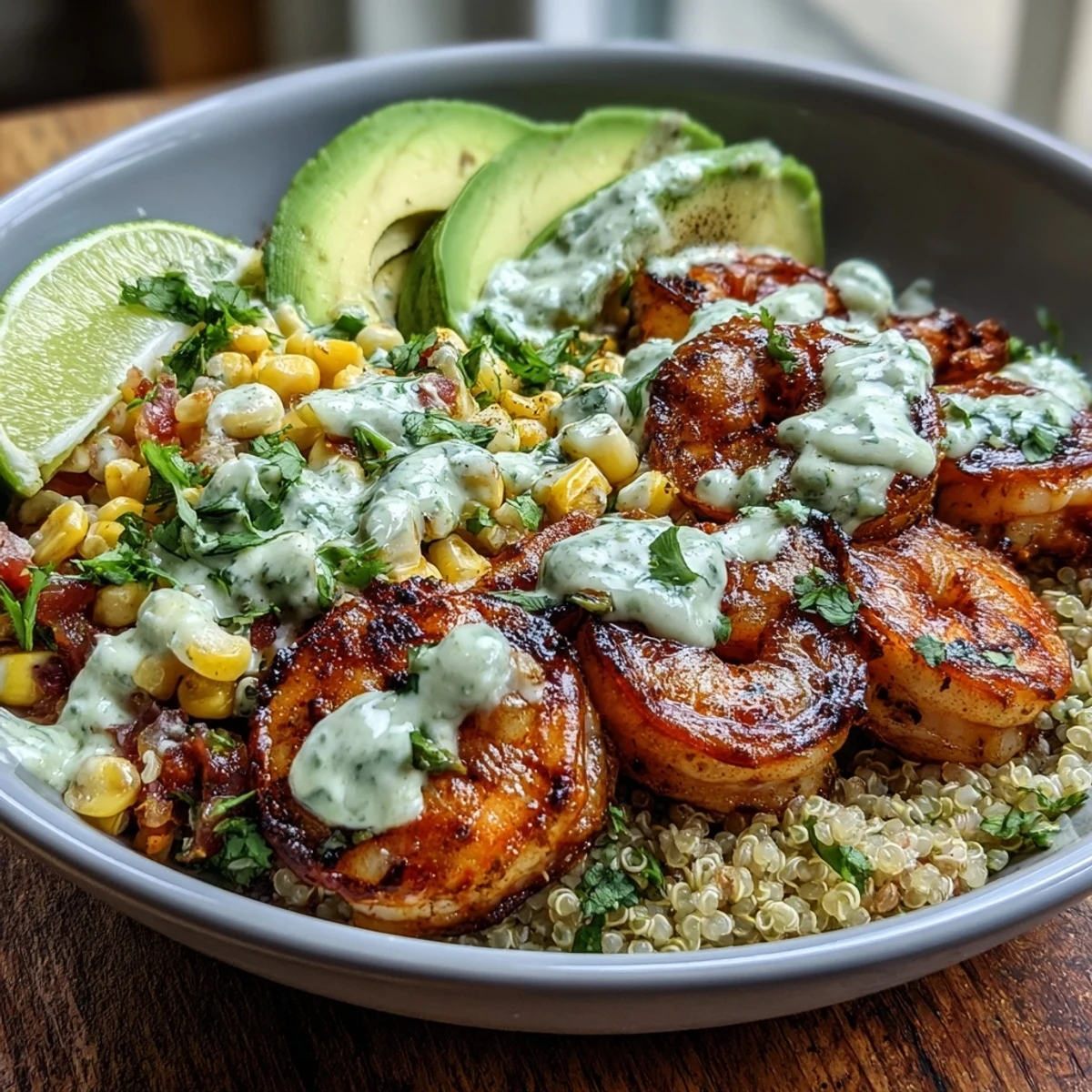 A vibrant Grilled Shrimp Bowl with avocado, zesty corn salsa, and creamy garlic sauce on a wooden table.