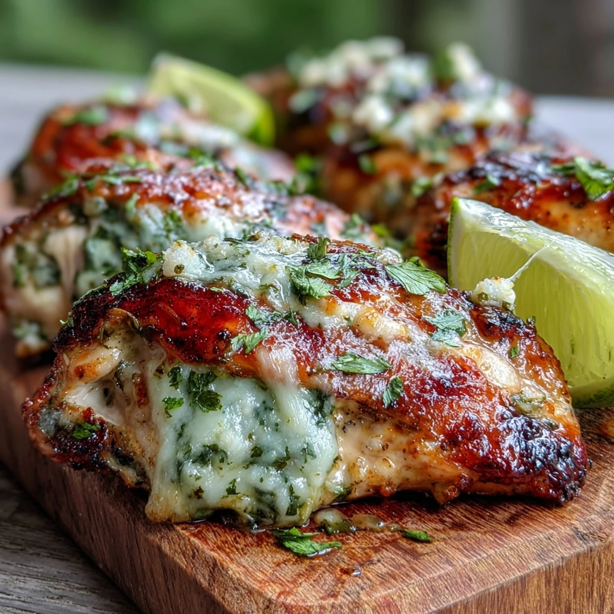 Grilled Salsa Verde Pepper Jack Chicken breast with melted cheese on a grill mark, cilantro garnish, lime wedge.