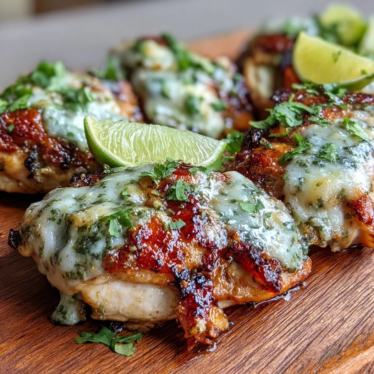 Juicy Grilled Salsa Verde Pepper Jack Chicken served with lime wedges and cilantro on a rustic plate.