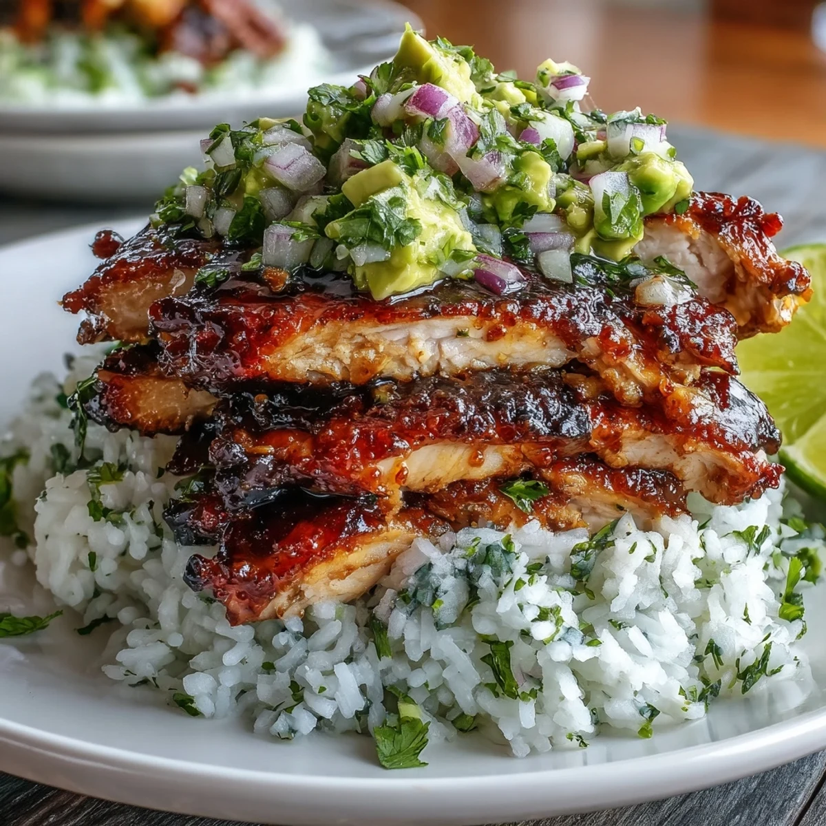 Honey Lime Chicken & Avocado Rice Stack mit saftig gegrillten Hähnchenbruststreifen auf duftendem Jasminreis und cremiger Avocado-Salsa.