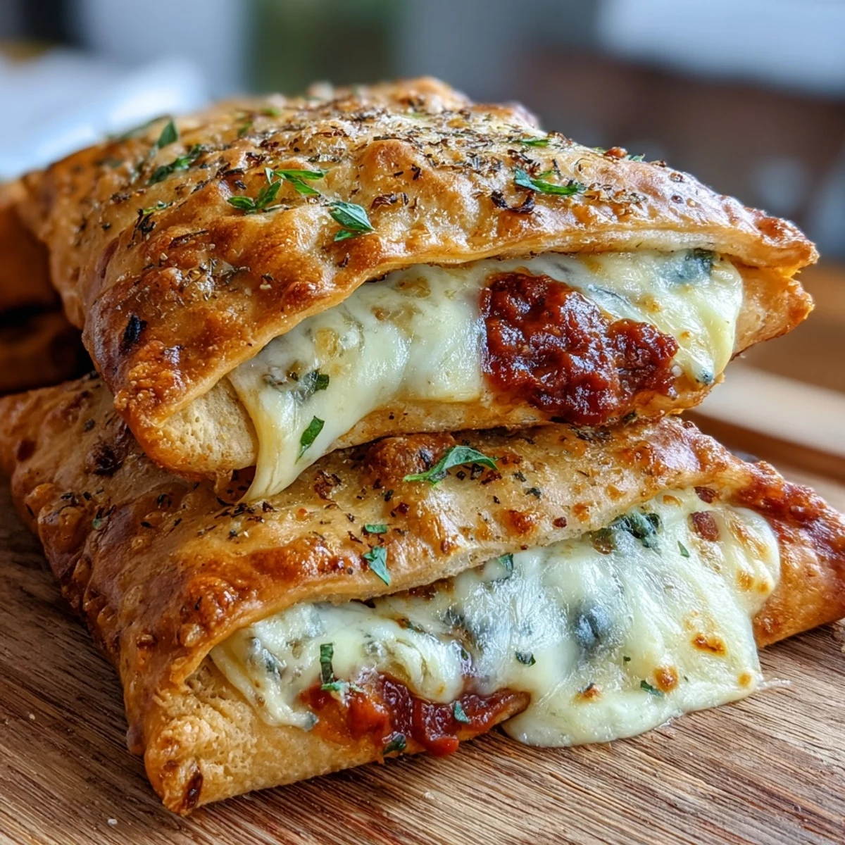 Genießbare High Protein Pizza Hot Pockets mit geschmolzenem Mozzarella und würziger Tomatensauce, serviert mit Salat.