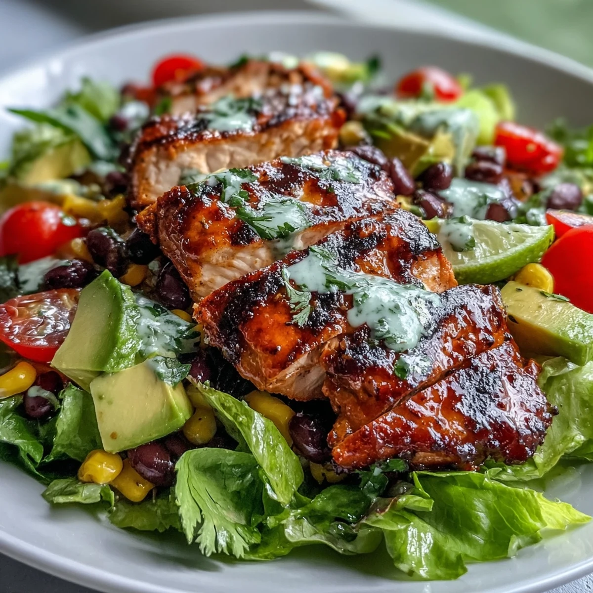 Fresh High Protein Southwest Chicken Salad, topped with cheddar, red onion, and zesty lime-cilantro dressing.