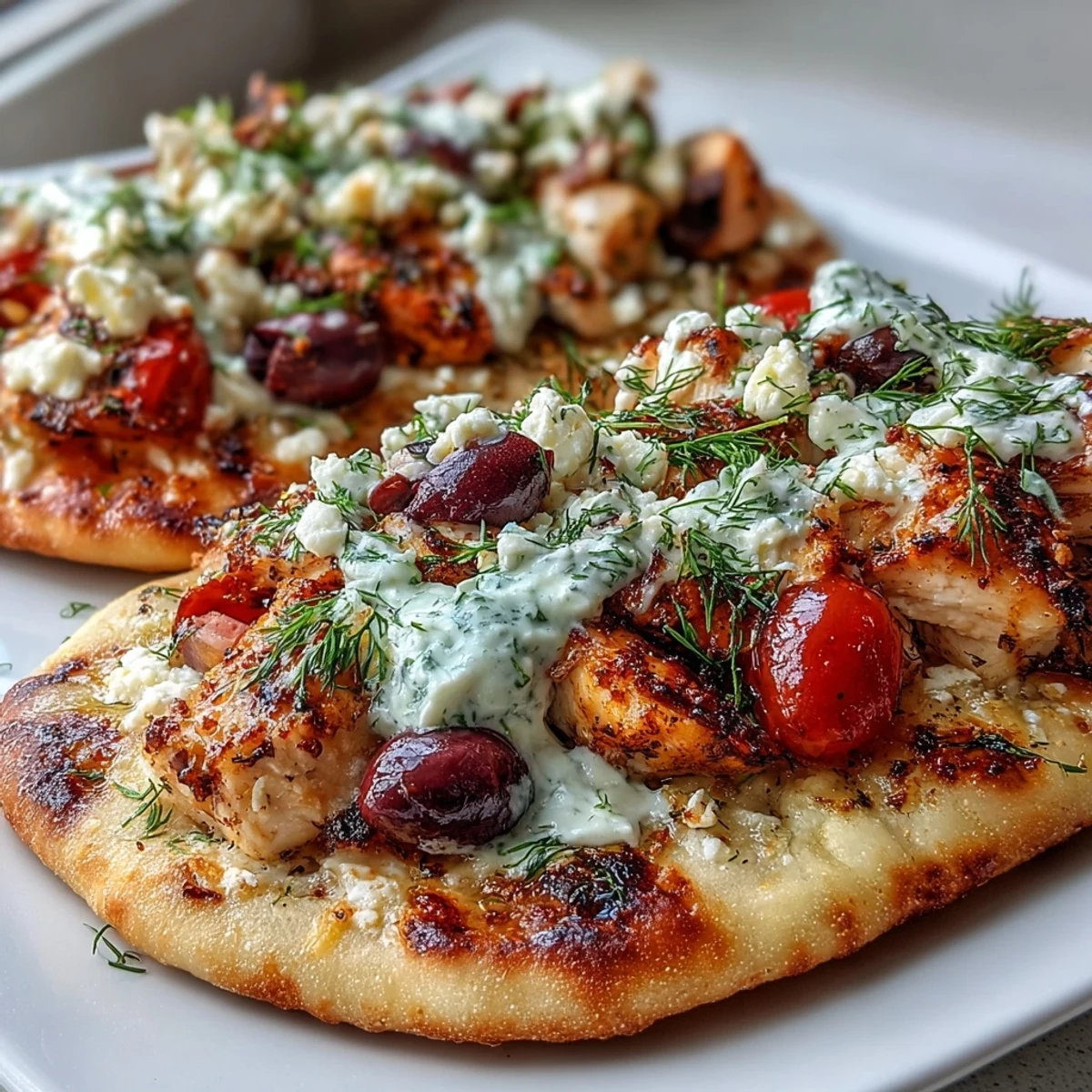 Goldene Lemon Feta Chicken Naan Pizza, belegt mit Hähnchenstückchen, Feta und Oliven, frisch aus dem Ofen.