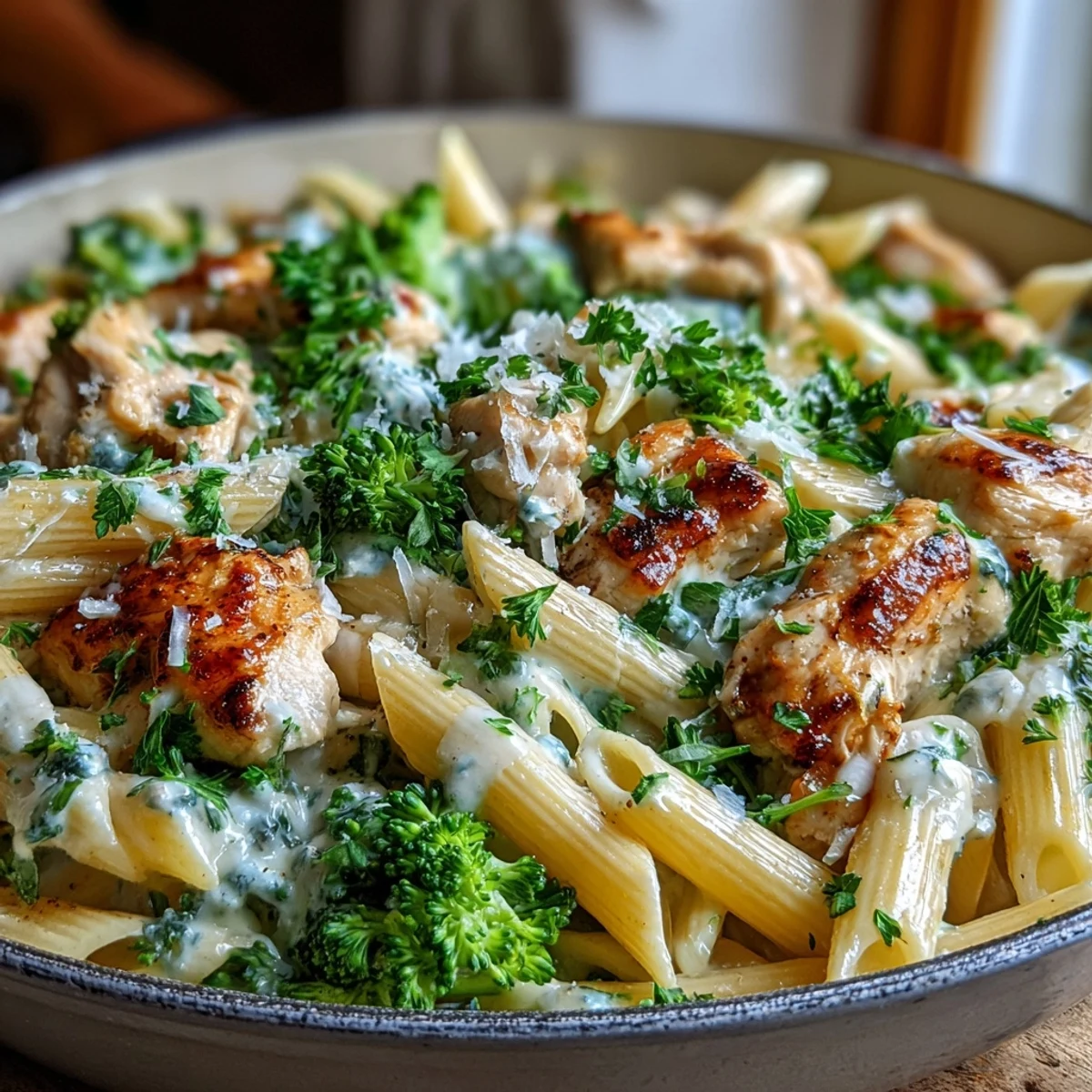 In einem Topf: Pasta mit Hähnchen und Brokkoli in cremiger Knoblauch-Parmesan-Sauce garniert.