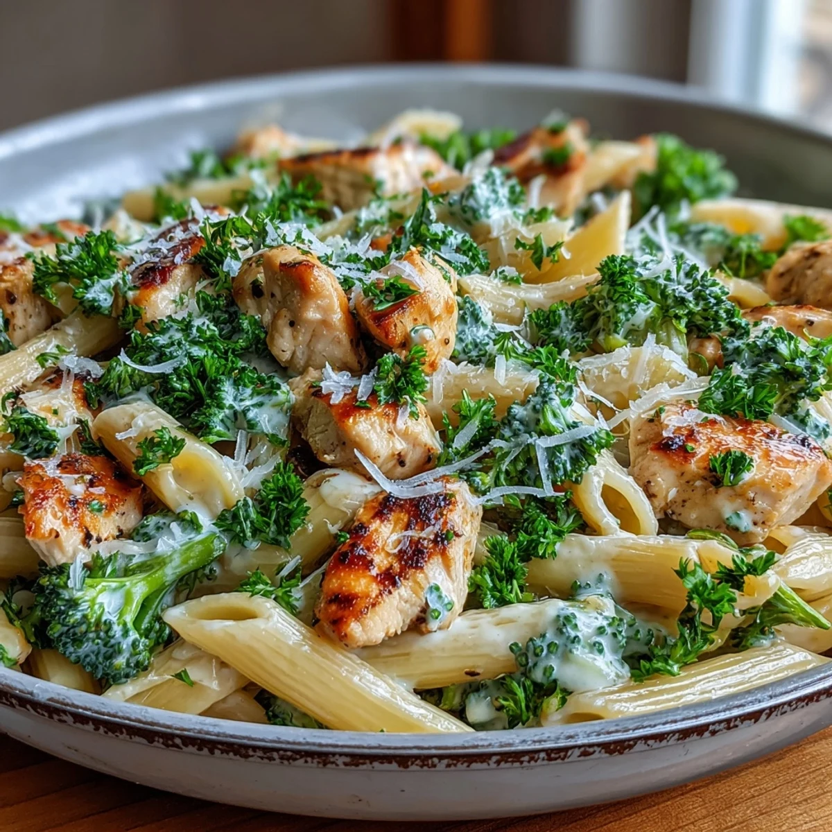 Makroaufnahme von Knoblauch-Parmesan-Soße, die über Hähnchen-Nudeln mit Brokkoli läuft, frisch angerichtet.