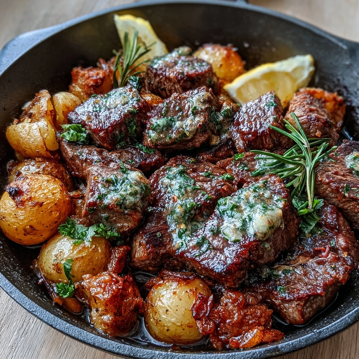 Garlic Butter Steak & Potato Skillet mit saftigen Steak Bites und knusprigen Goldkartoffeln in Knoblauchbutter.