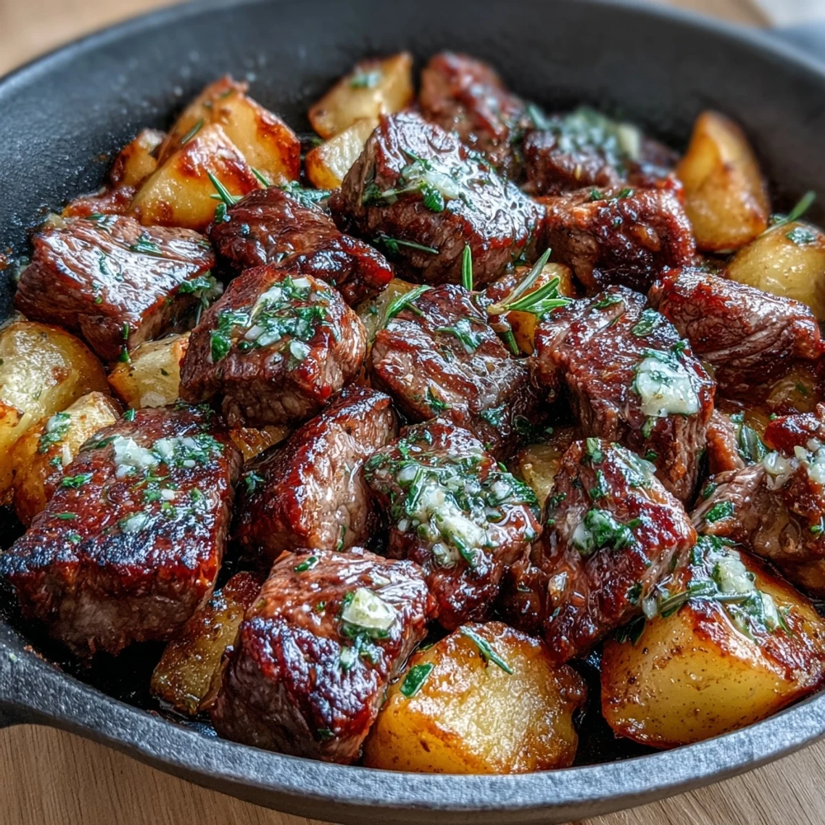 Garlic Butter Steak & Potato Skillet serviert mit frischer Petersilie und einem Spritzer Zitrone.