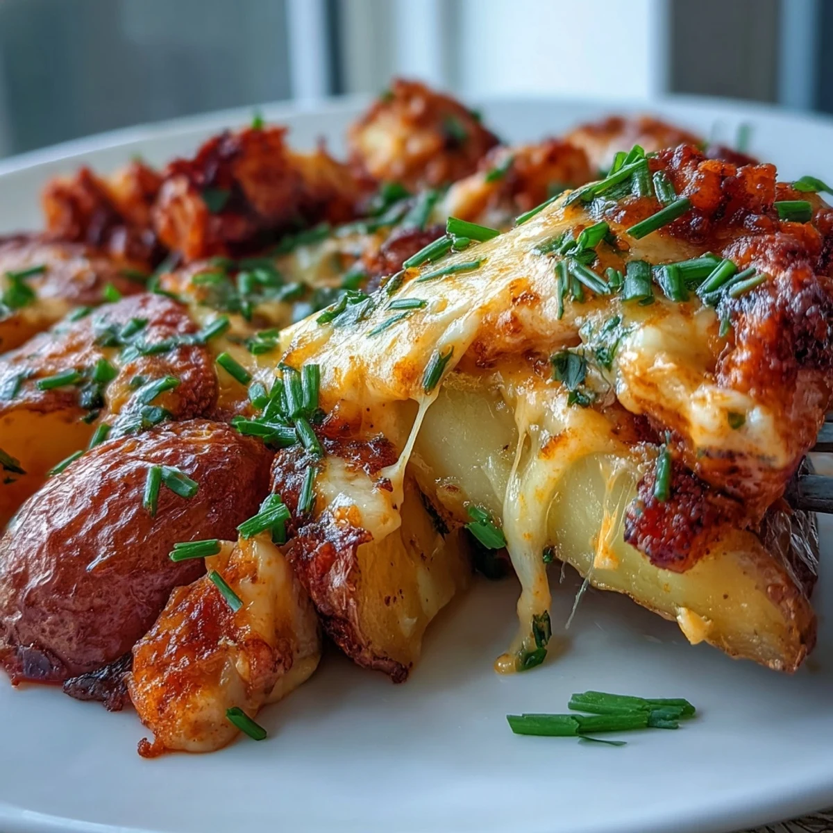 A warm, one-pan Buffalo Ranch Chicken Potato Bake, garnished with fresh chives and drizzled with creamy ranch dressing.
