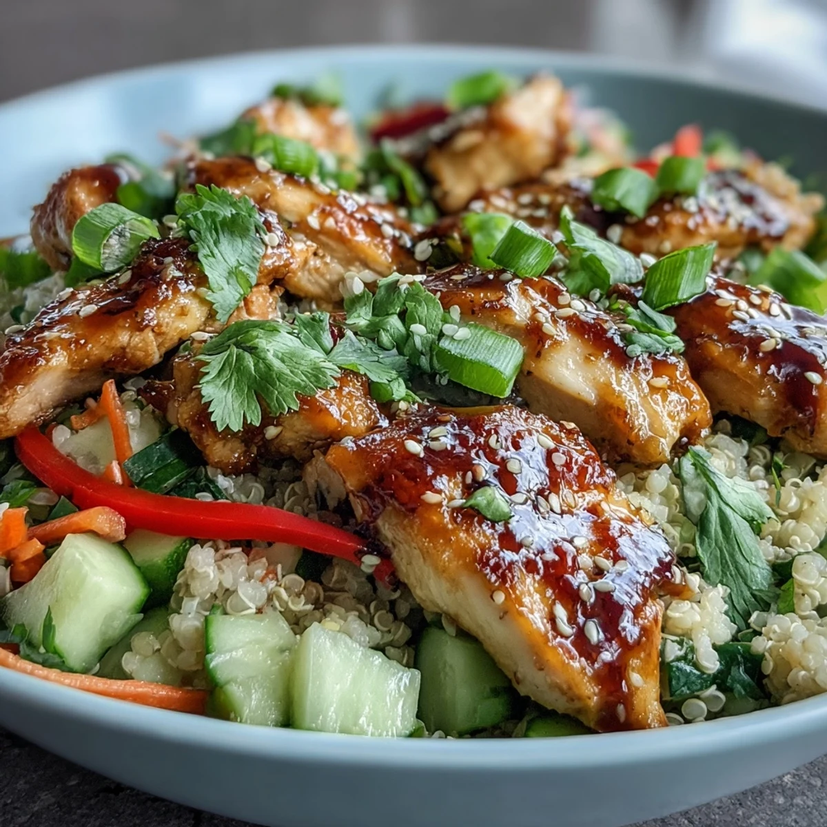 Sliced marinated chicken over sesame ginger couscous bowls with cucumber and carrots.