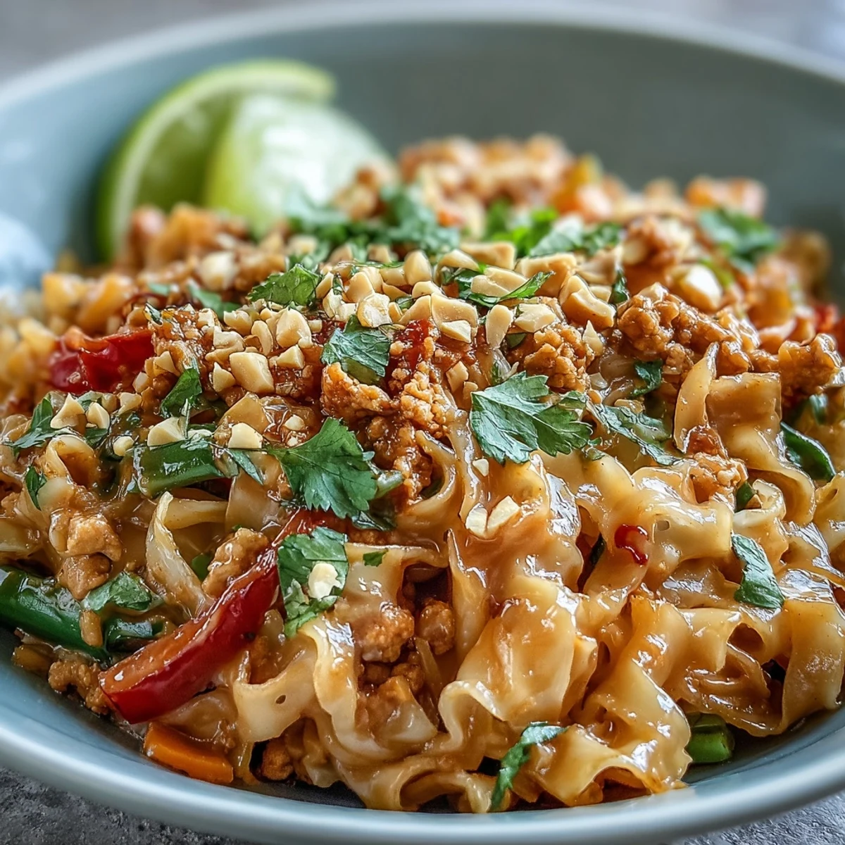 Saftiges Hühnchen und buntes Gemüse in Cremige Thai-inspirierte Erdnudel-Nudelschüsseln auf Teller.