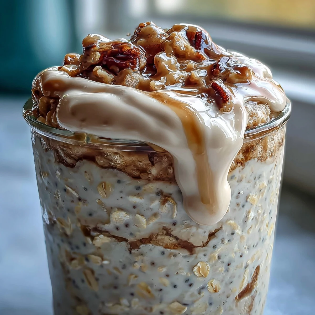 High-Protein Cinnamon Roll Overnight Oats in a glass jar, creamy oats topped with a smooth cream cheese drizzle and a dusting of cinnamon for a healthy breakfast.