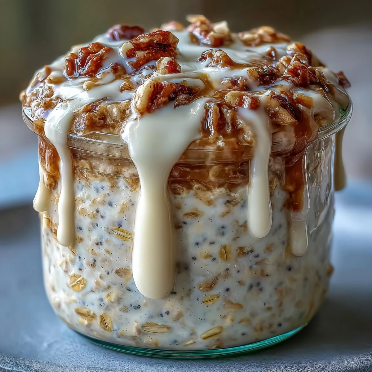 A spoon lifting a creamy serving of High-Protein Cinnamon Roll Overnight Oats, showing layered oats and a luscious cream cheese drizzle, perfect for a quick high-protein breakfast.