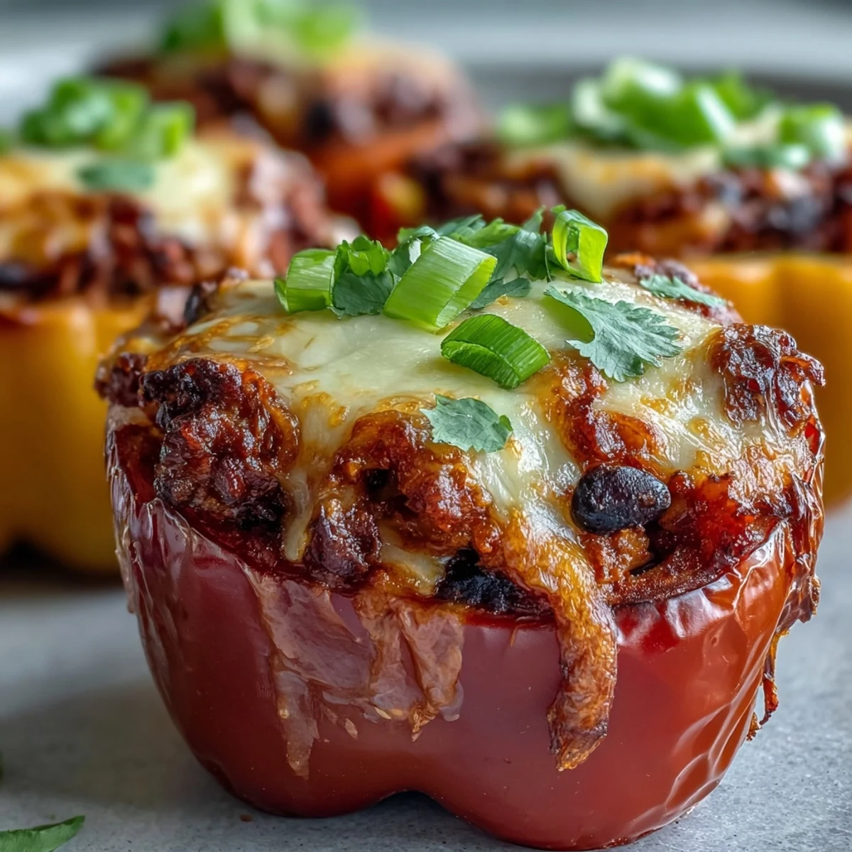 Gefüllte Paprika mit Baked Chili Mac, überbacken mit geschmolzenem Cheddar und Koriander garniert.