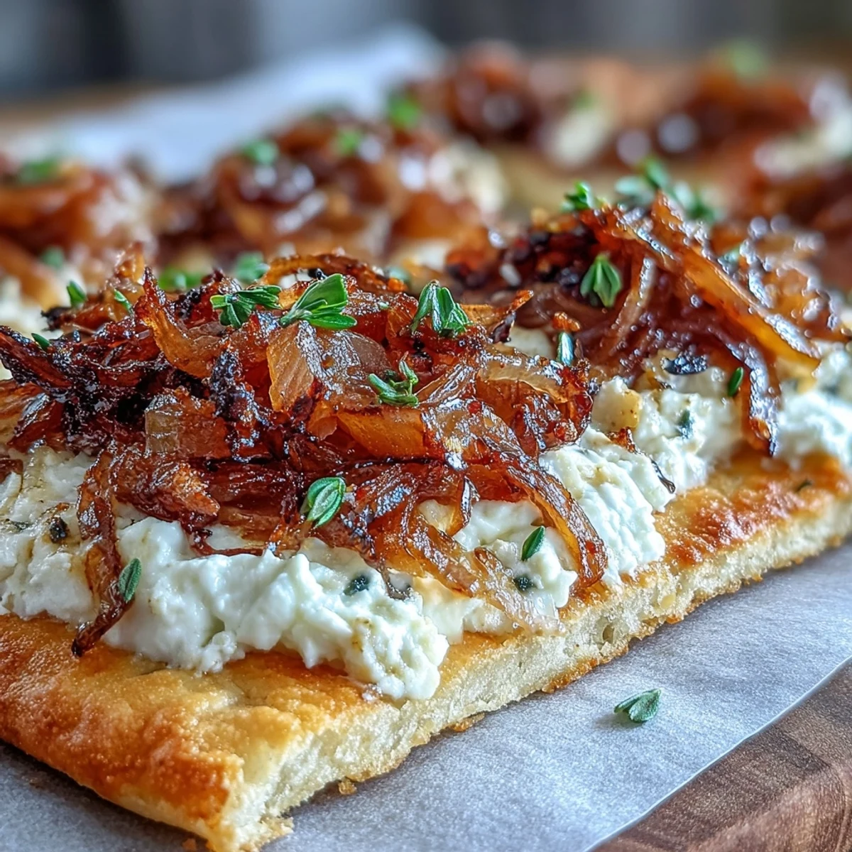 Goldene Ziegenkäse-Fladenbrot-Platte mit zuckrigen, karamellisierten Zwiebeln und einem Hauch Chili, ideal als warmer, vegetarischer Appetizer.
