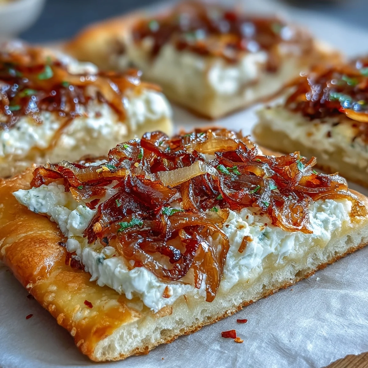 Knuspriges, aus dem Ofen gebackenes Goat Cheese & Caramelized Onion Flatbread mit glasierten Zwiebeln und einer Prise Chili für perfekte Bissfestigkeit.