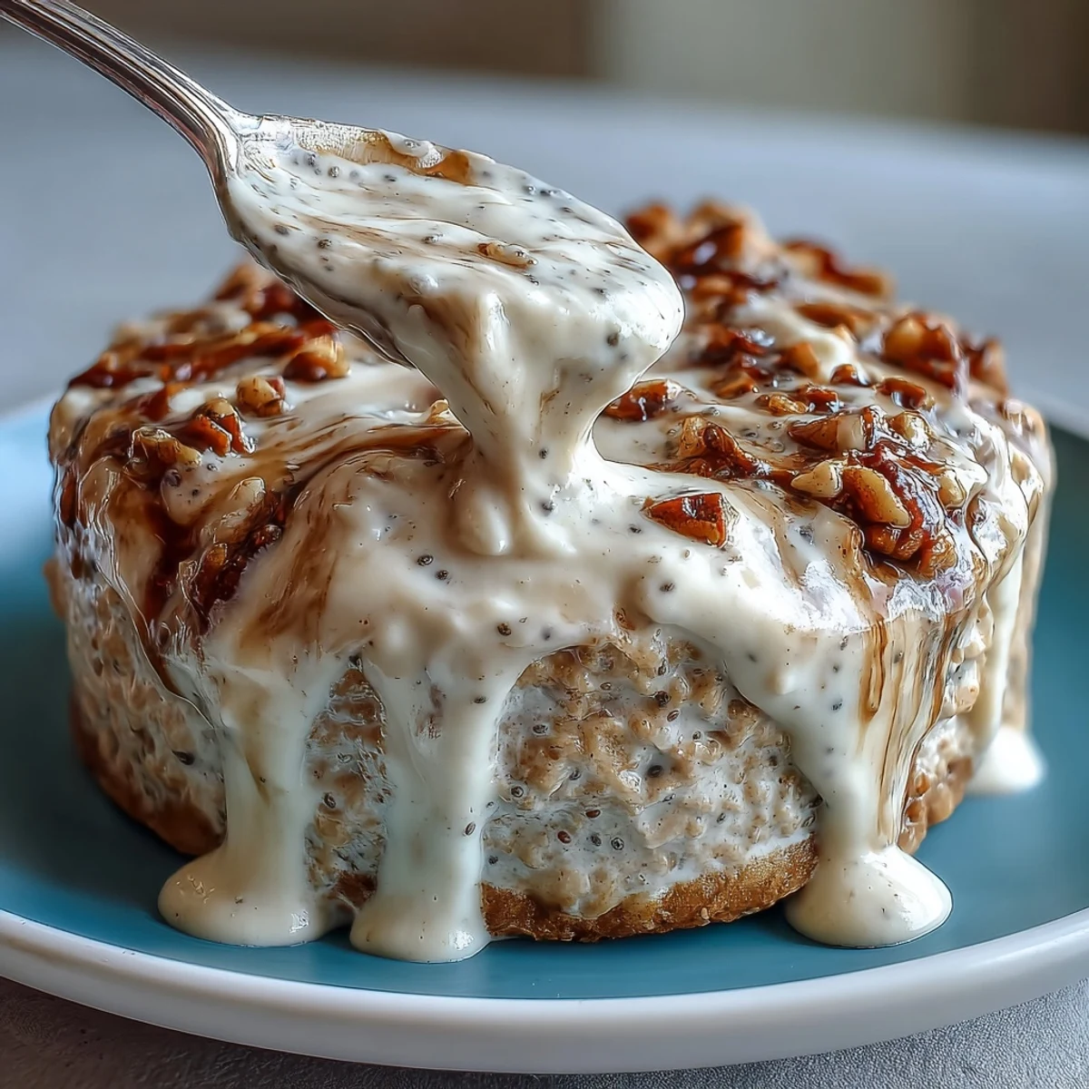 Thick and creamy High-Protein Cinnamon Roll Overnight Oats in a white bowl, garnished with extra cinnamon and a spoon ready to eat.