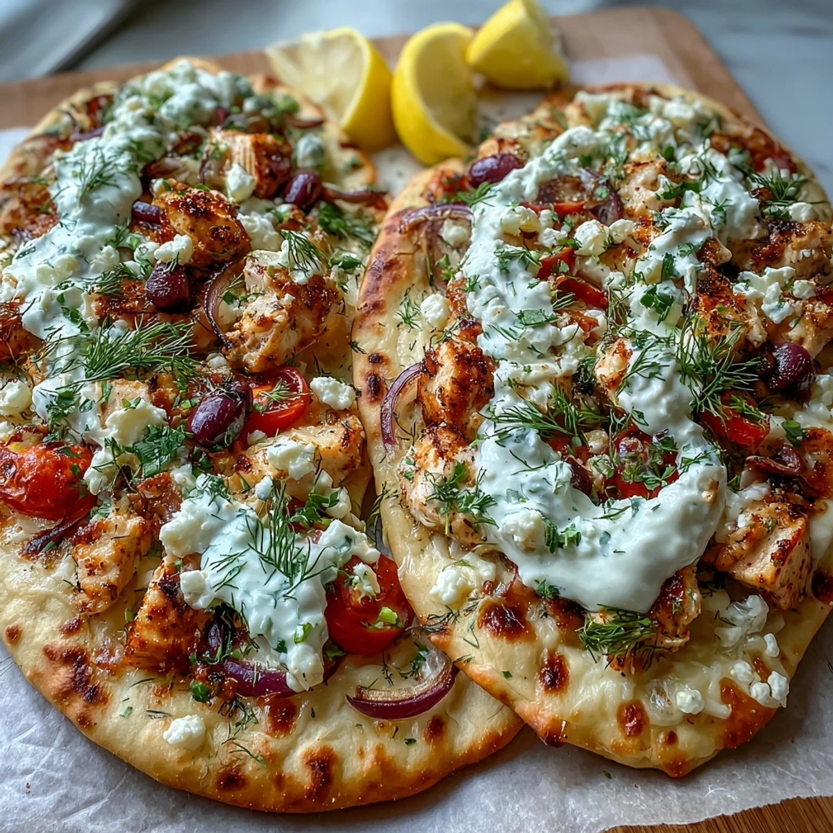 Frisch gebackene Lemon Feta Chicken Naan Pizza mit Knoblauch-Hähnchen und Feta, belegt mit Oliven und Zwiebeln auf Naan, garniert mit Tzatziki und Zitronenscheiben auf einem Holztisch.