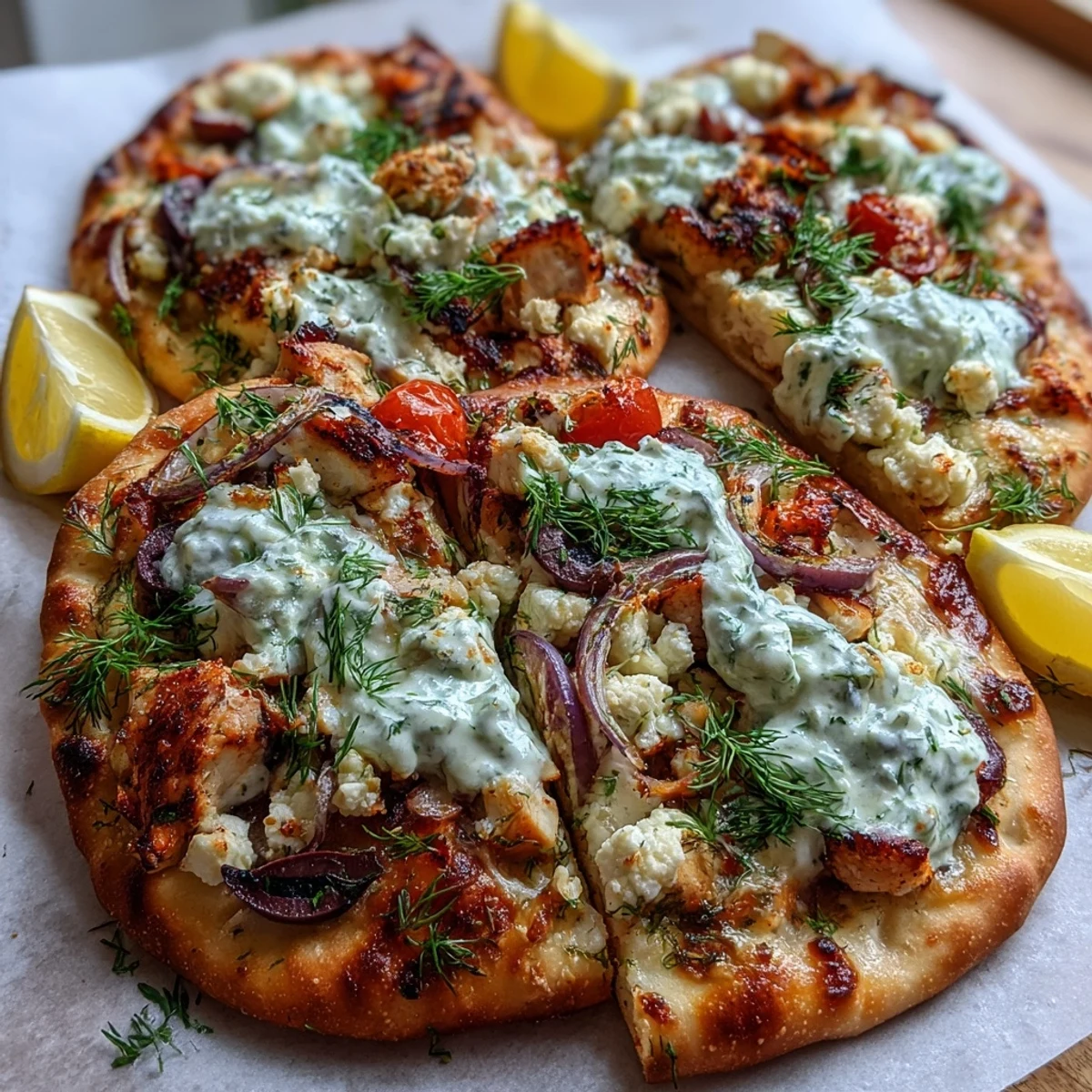 Eine bunte griechisch inspirierte Lemon Feta Chicken Naan Pizza auf einem Backblech mit Hähnchen, Feta, roten Zwiebeln, Kirschtomaten und Tzatziki-Drizzle, frisch aus dem Ofen.