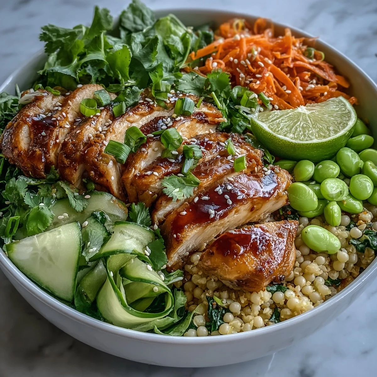 Sesame Ginger Chicken Couscous Bowls mit flachem Schnitt: goldene Hähnchenstreifen, knackige Gurken und bunte Möhren auf dem Bett aus Couscous.