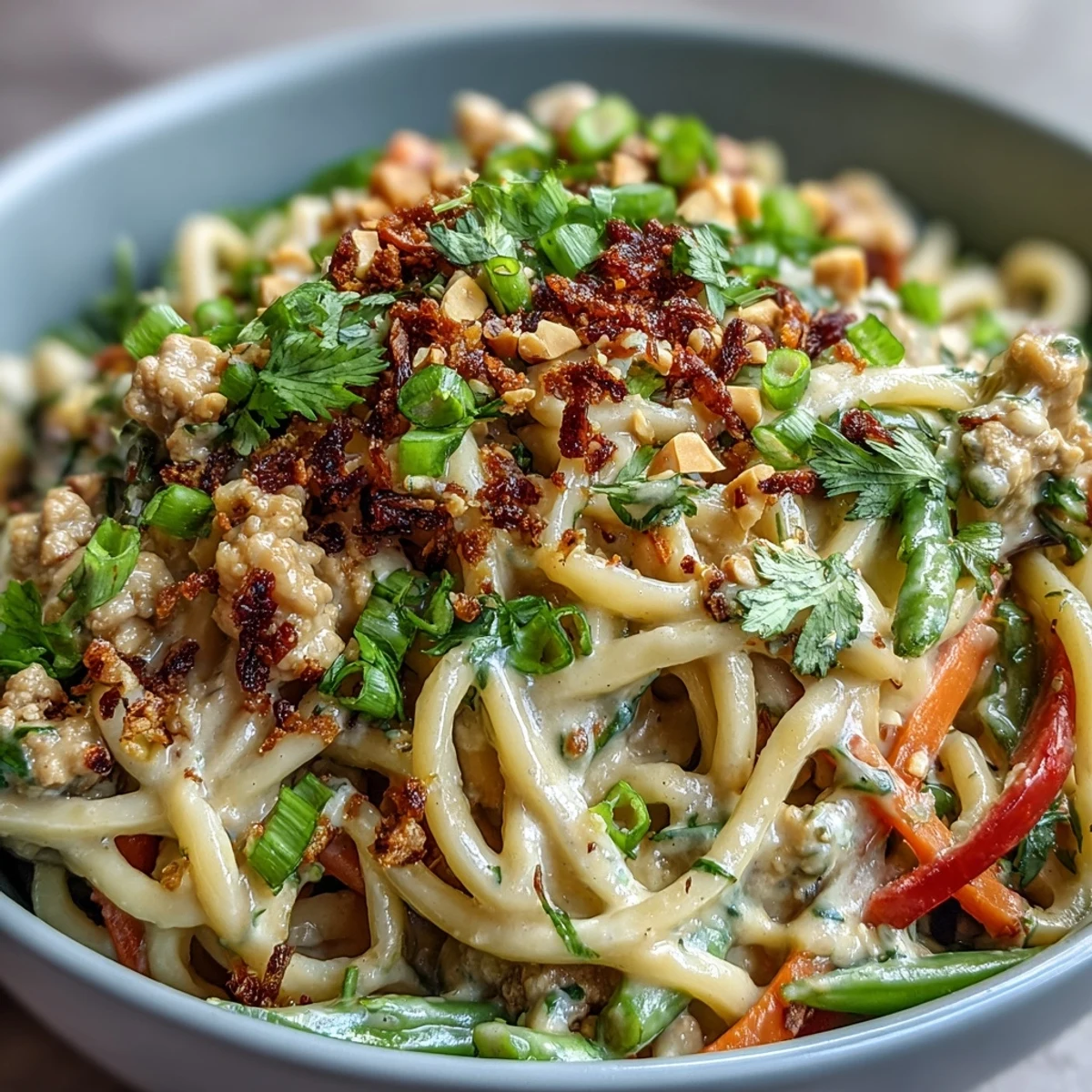 Cremige Thai-inspirierte Peanut Noodle Bowls mit knackigem Gemüse und gehackten Erdnüssen garniert.