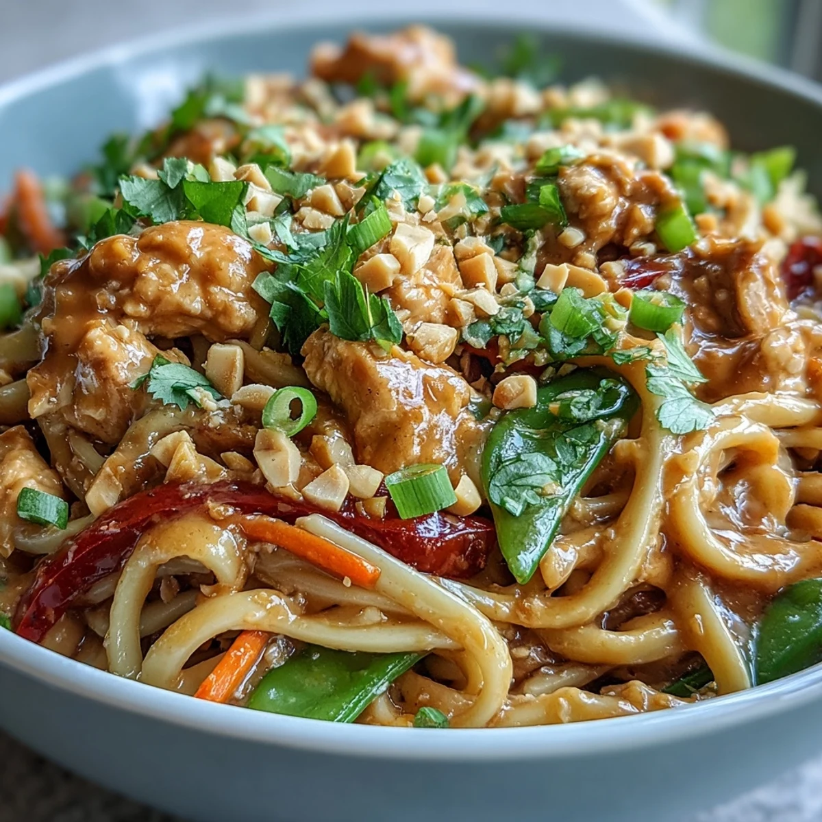 Thailändisch inspirierte Nudelschüsseln mit Erdnusssauce, Hühnchen und frischem Koriander für US-Foodies.