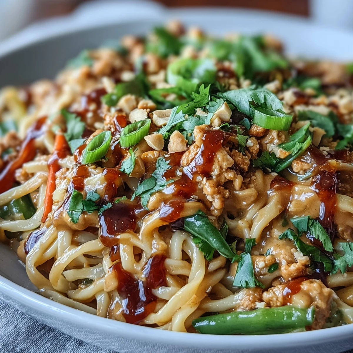 Saftige Erdnudeln mit Hühnchen, Paprika und Zwiebeln in cremiger Sauce – Thai-inspiriert.
