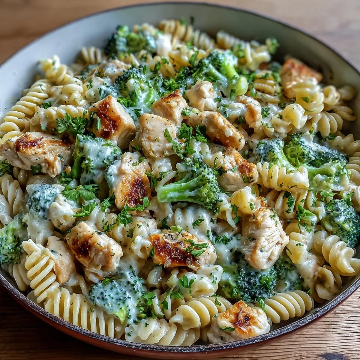 Creamy Garlic Parmesan Broccoli & Chicken Pasta served hot in a skillet, garnished with parsley and extra cheese.