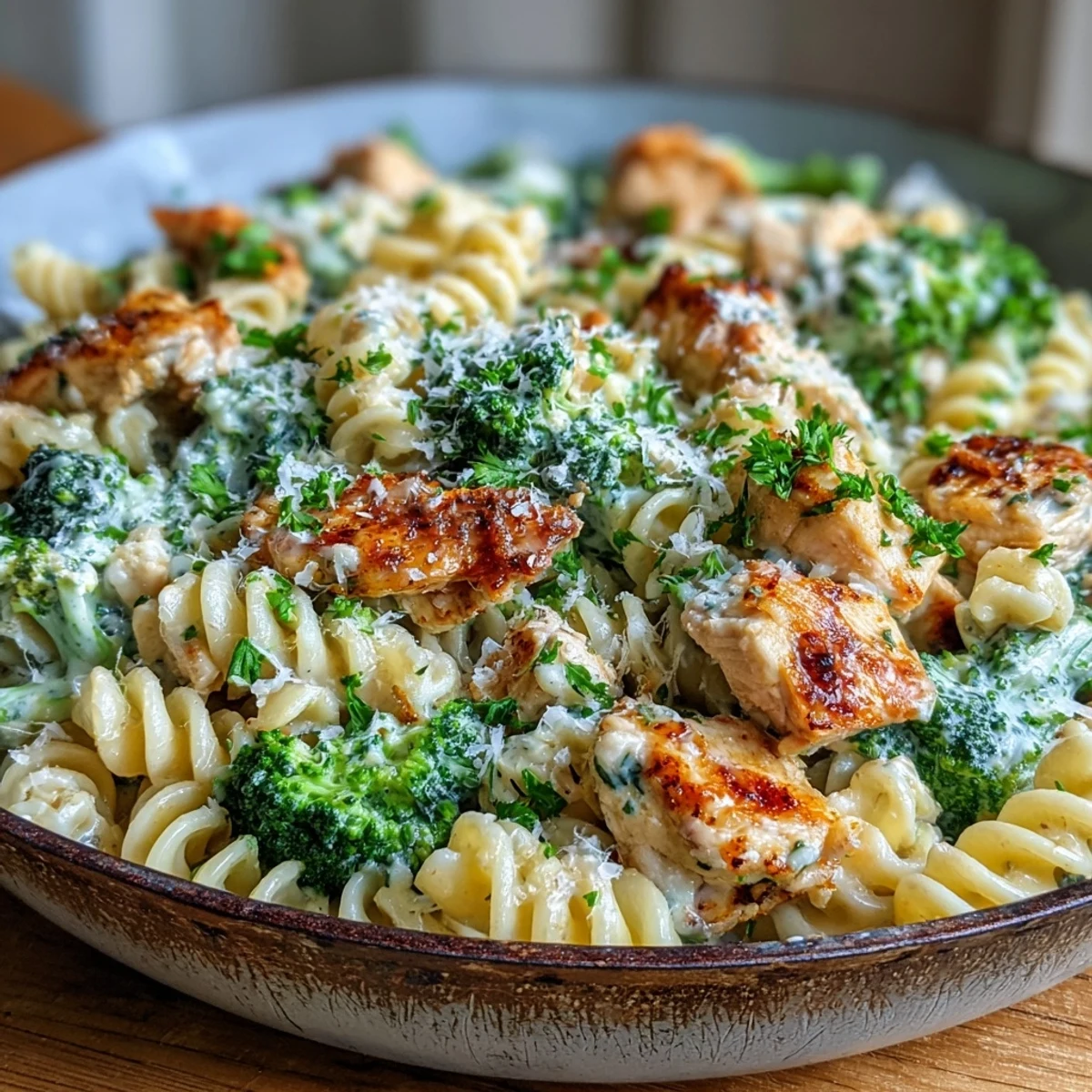 Tender chicken and bright green broccoli florets in Garlic Parmesan Broccoli & Chicken Pasta, ready to serve.