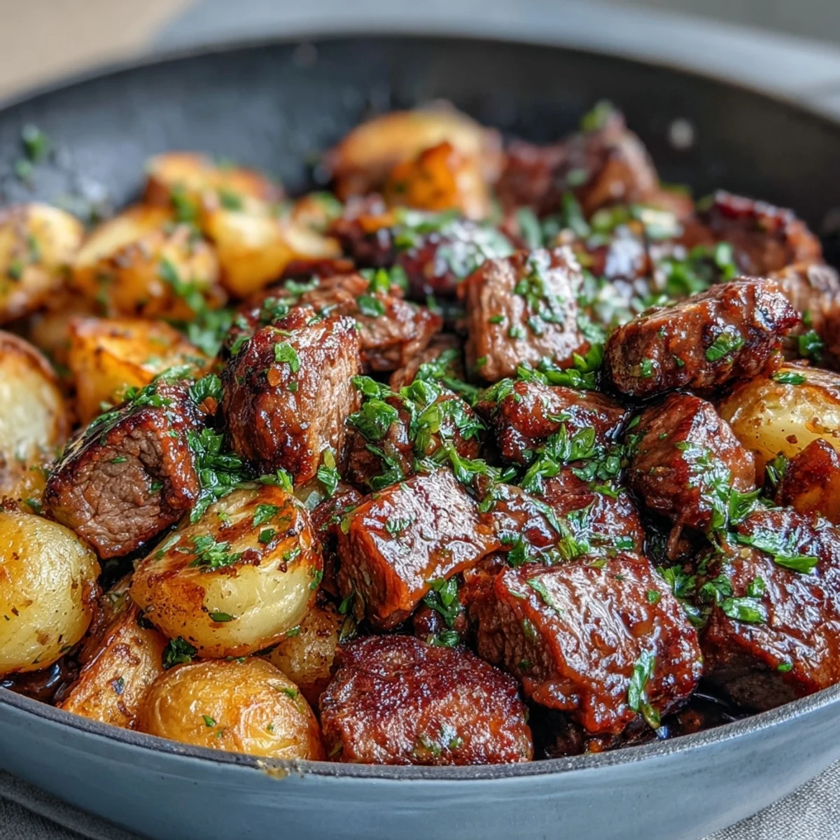 Crispy potatoes and steak bites in a garlic butter sauce garniert mit Petersilie, serviert in einer heißen Pfanne.