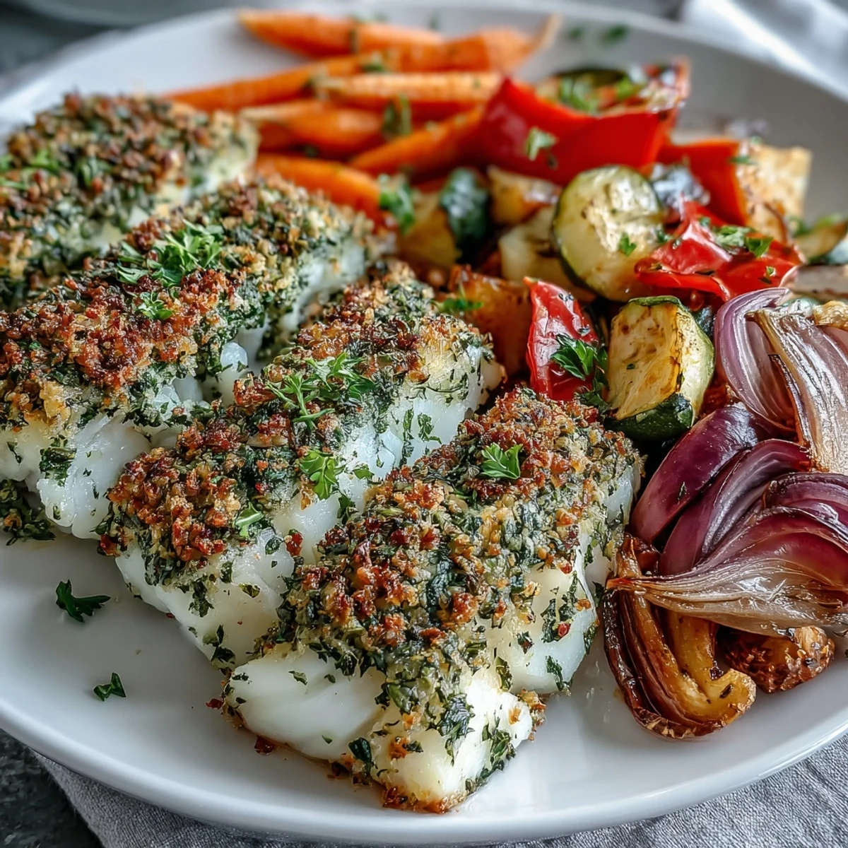 Herb-Crusted Baked Cod fillets roasted to perfection alongside colorful vegetables on a baking sheet.