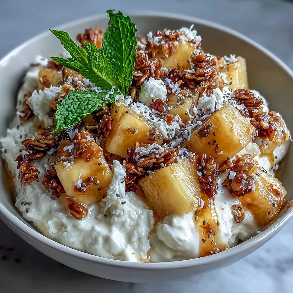 Healthy breakfast idea: Cottage Cheese Breakfast Bowl with Pineapple and Granola, served in a ceramic bowl with a wooden spoon.