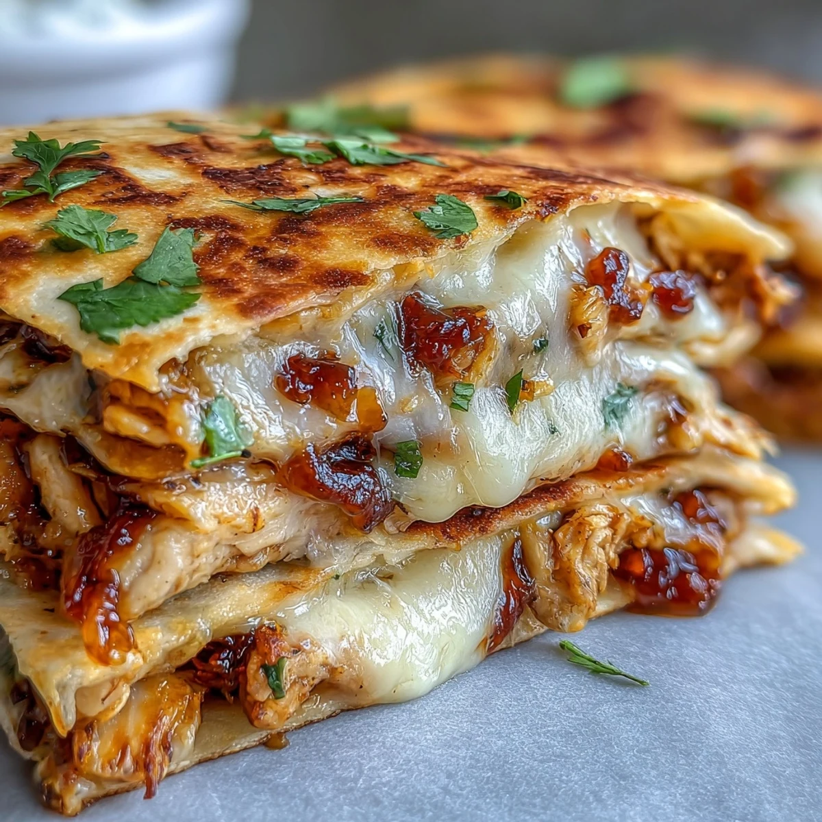 Heiße Honig-BBQ-Hähnchen-Quesadillas mit geschmolzenem Käse und Paprika in knusprigen Tortillas.  