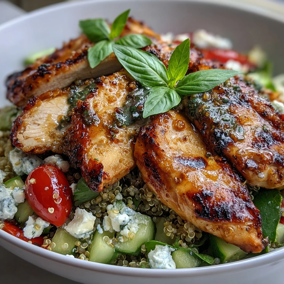 Ein farbenfroher Salat mit saftigem Zitronen-Kräuter-Gegrilltem Hühnchen, Quinoa und knackigem Gemüse, perfekt für eine gesunde Mahlzeit.