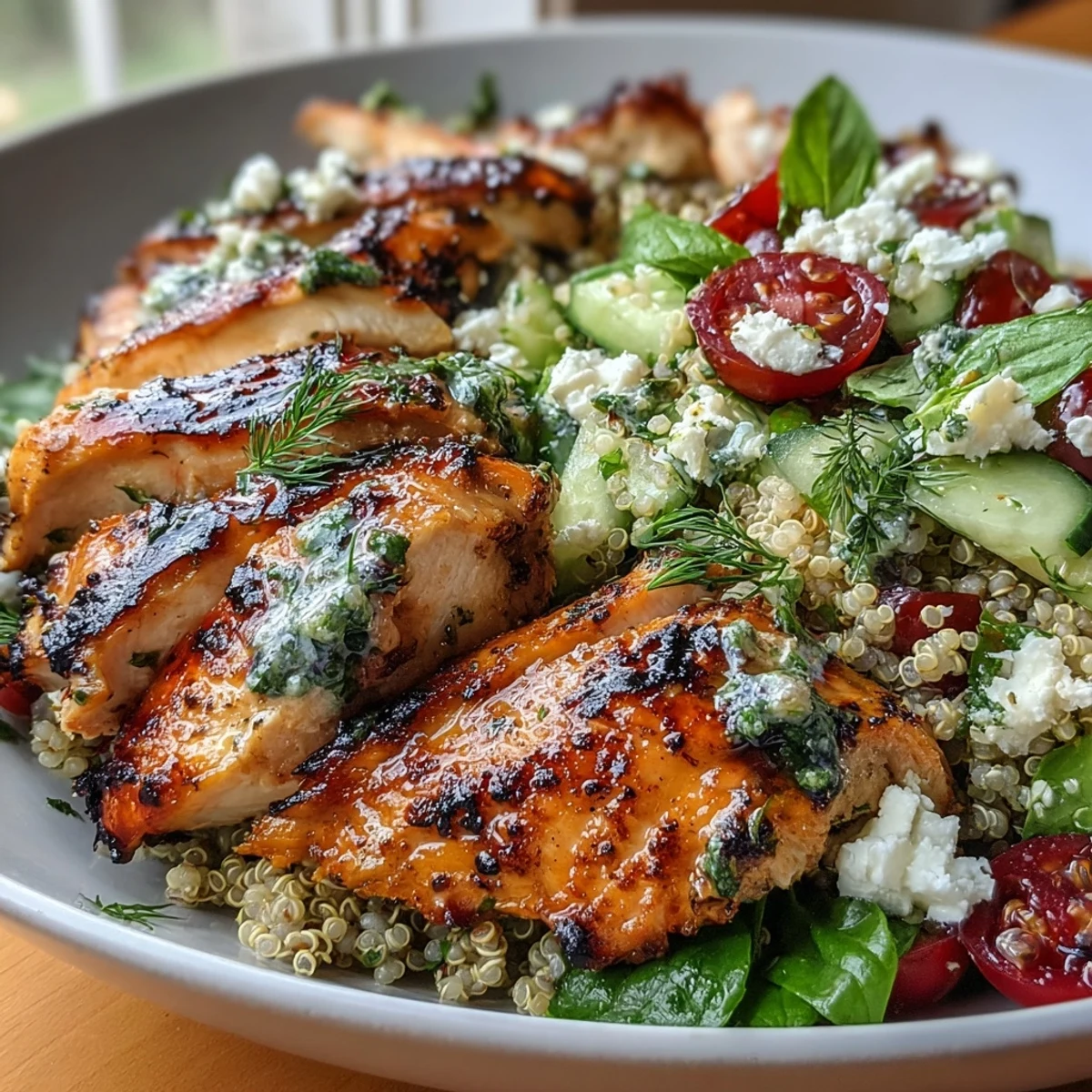 Proteinreicher Salat mit gegrilltem Zitronen-Kräuter-Hähnchen, Quinoa und frischem Gemüse – leicht, sättigend und ideal für die gesunde Ernährung.