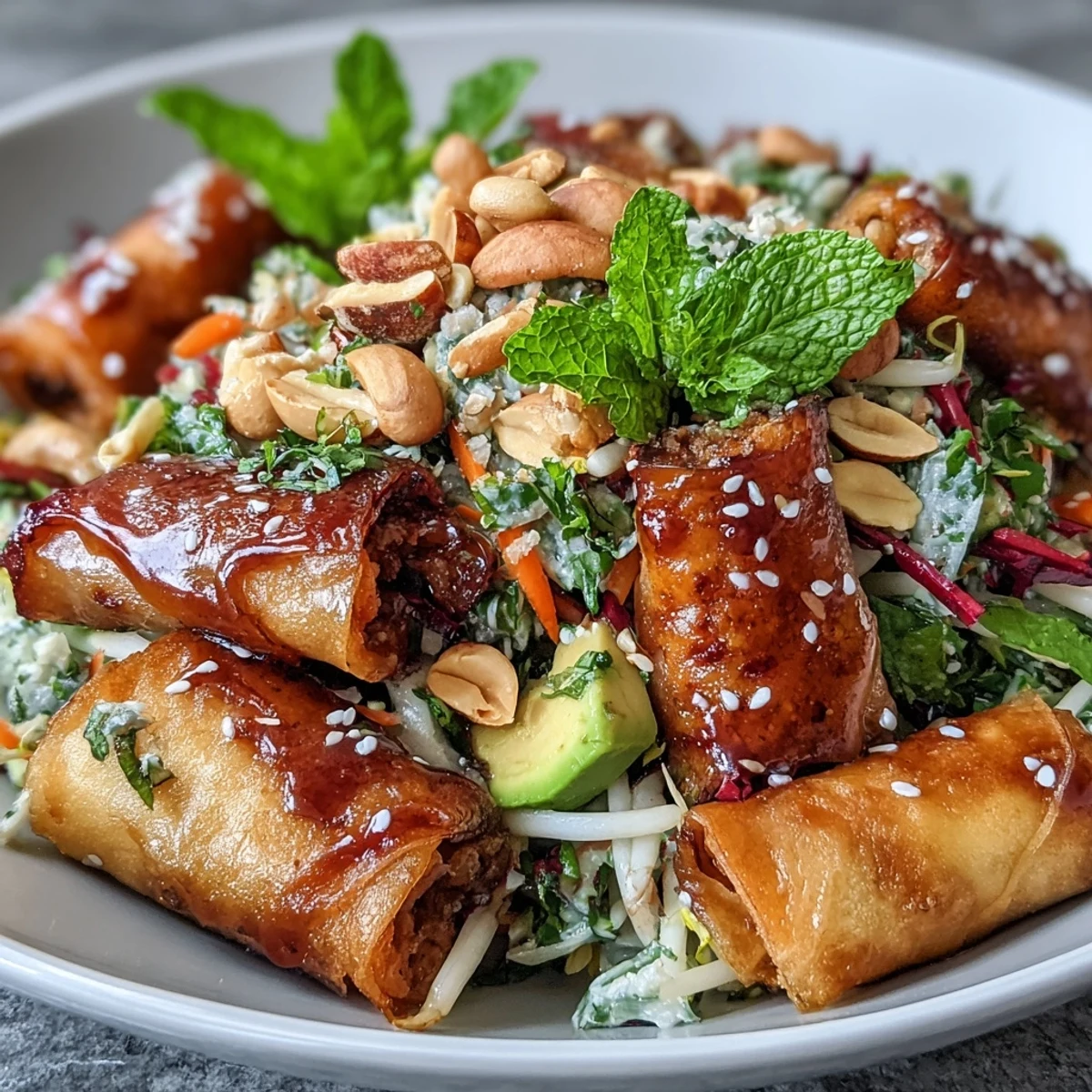 Frische vegane Frühlingsrollensalat mit cremiger Erdnussdressing, vollgepackt mit knackigem Gemüse und Kräutern.  