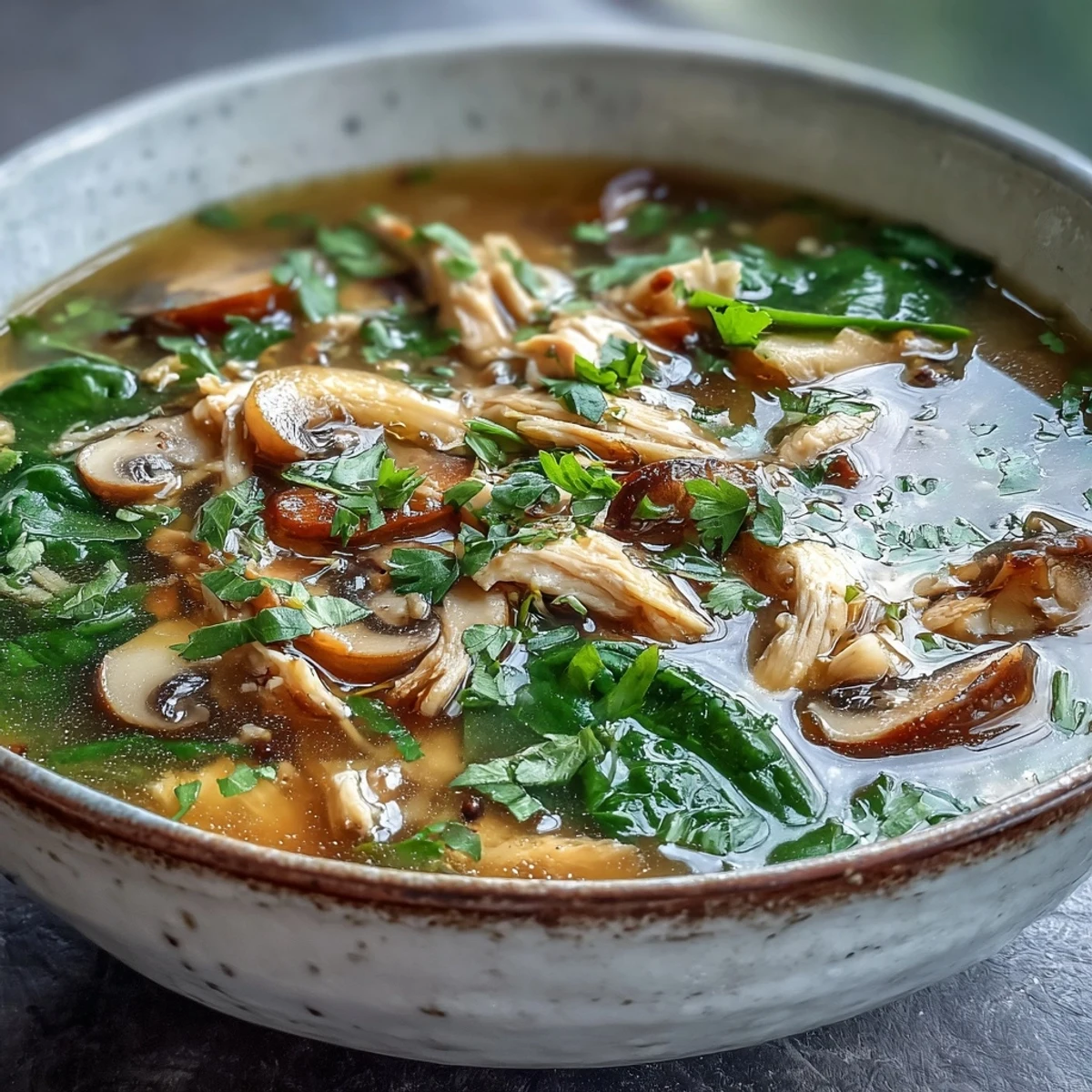 Bowl of steaming Tom Yum Soup with shrimp, mushrooms, and fresh herbs topped with cilantro and lime wedges.