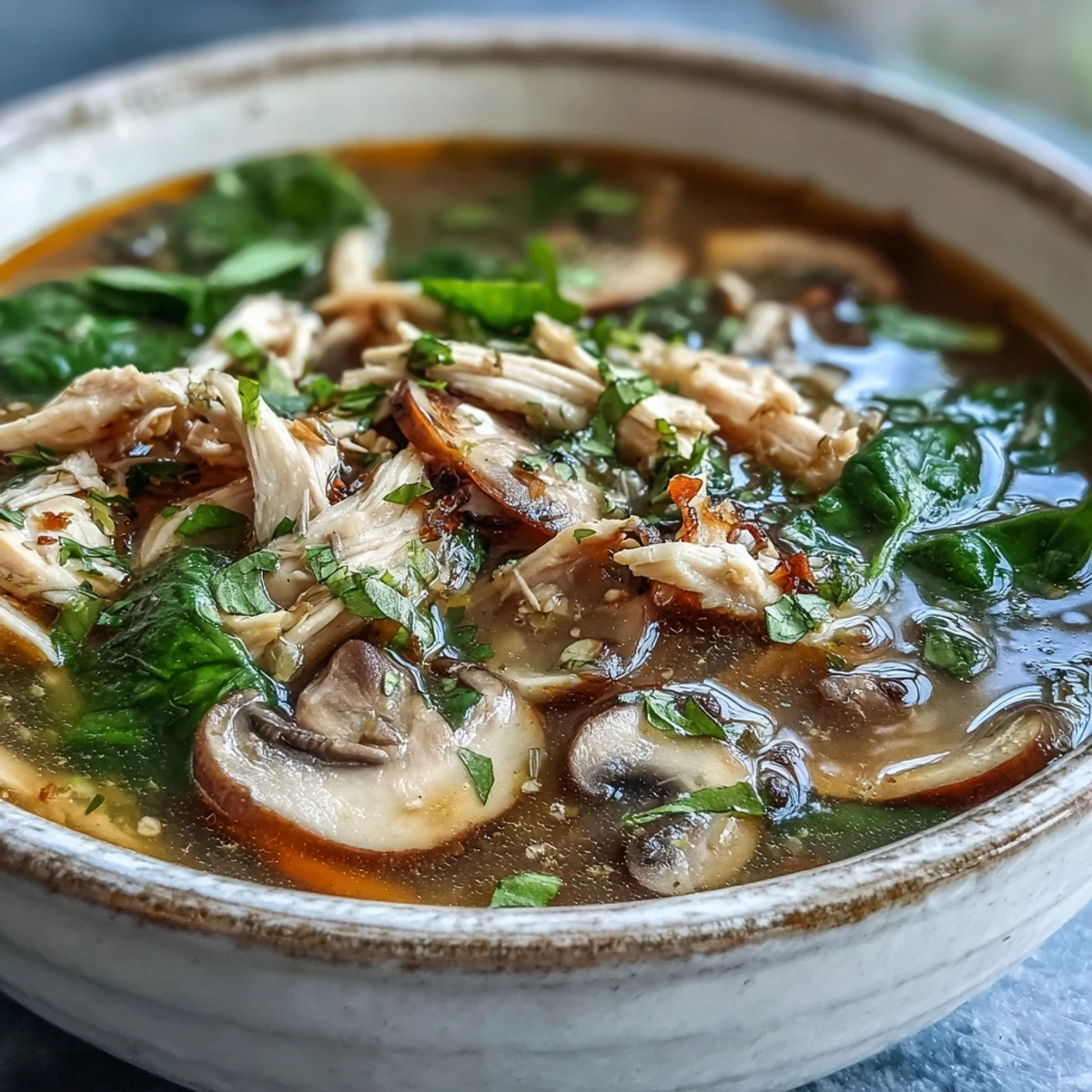 Close-up of Tom Yum Soup featuring plump shrimp, sliced mushrooms, and vibrant Thai chiles in a golden broth.