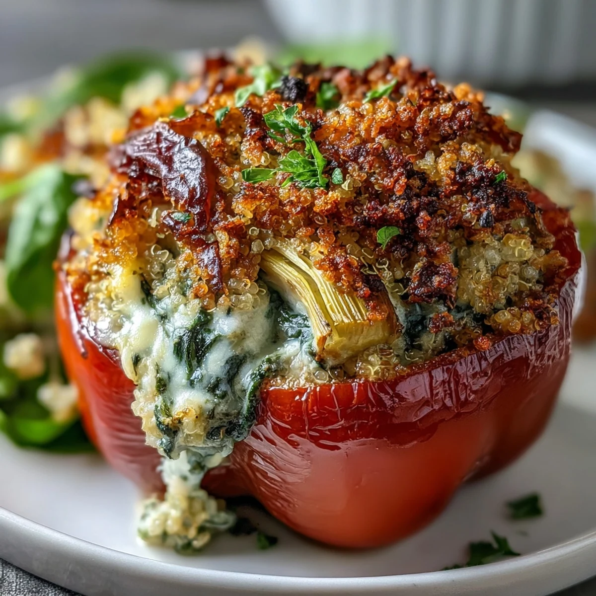 Bunte gefüllte Paprika mit cremiger Spinat-Artischocken-Mischung und Quinoa, perfekt gebacken für ein veganes Hauptgericht.